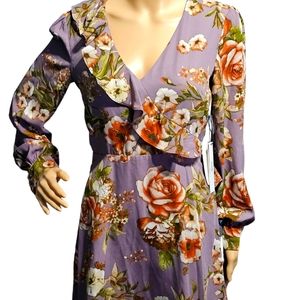 June & Hudson Lavender Floral V Neck With Long Sleeves Mini Dress Size S NWT